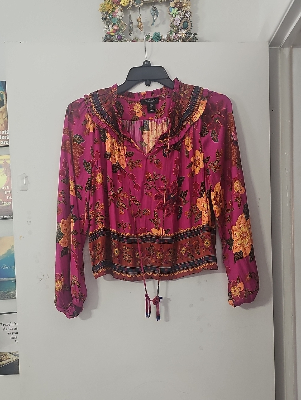 Rachel Zoe Magenta Floral Ruffle-Neck Blouse with Yellow Flowers